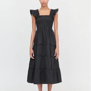 Hill House Ellie Nap Dress Black Poplin Midi Dress with Ruffle Sleeves